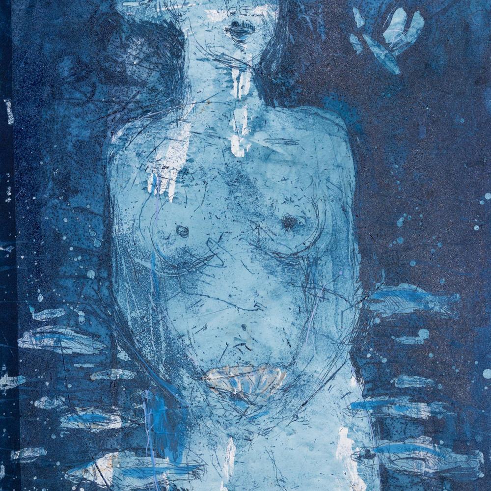 Farbradierung „Frau am Meer“ von Christian Heinze, Format 60 x 50 cm