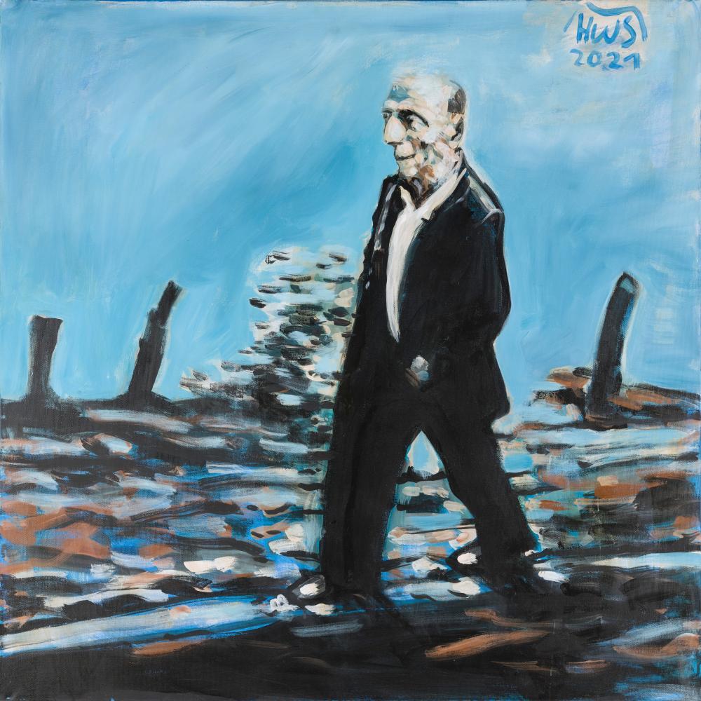 Hans Wilfried Scheibner, Herbert unterwegs, 100 x 100 cm, Acryl auf Leinwand, 2021